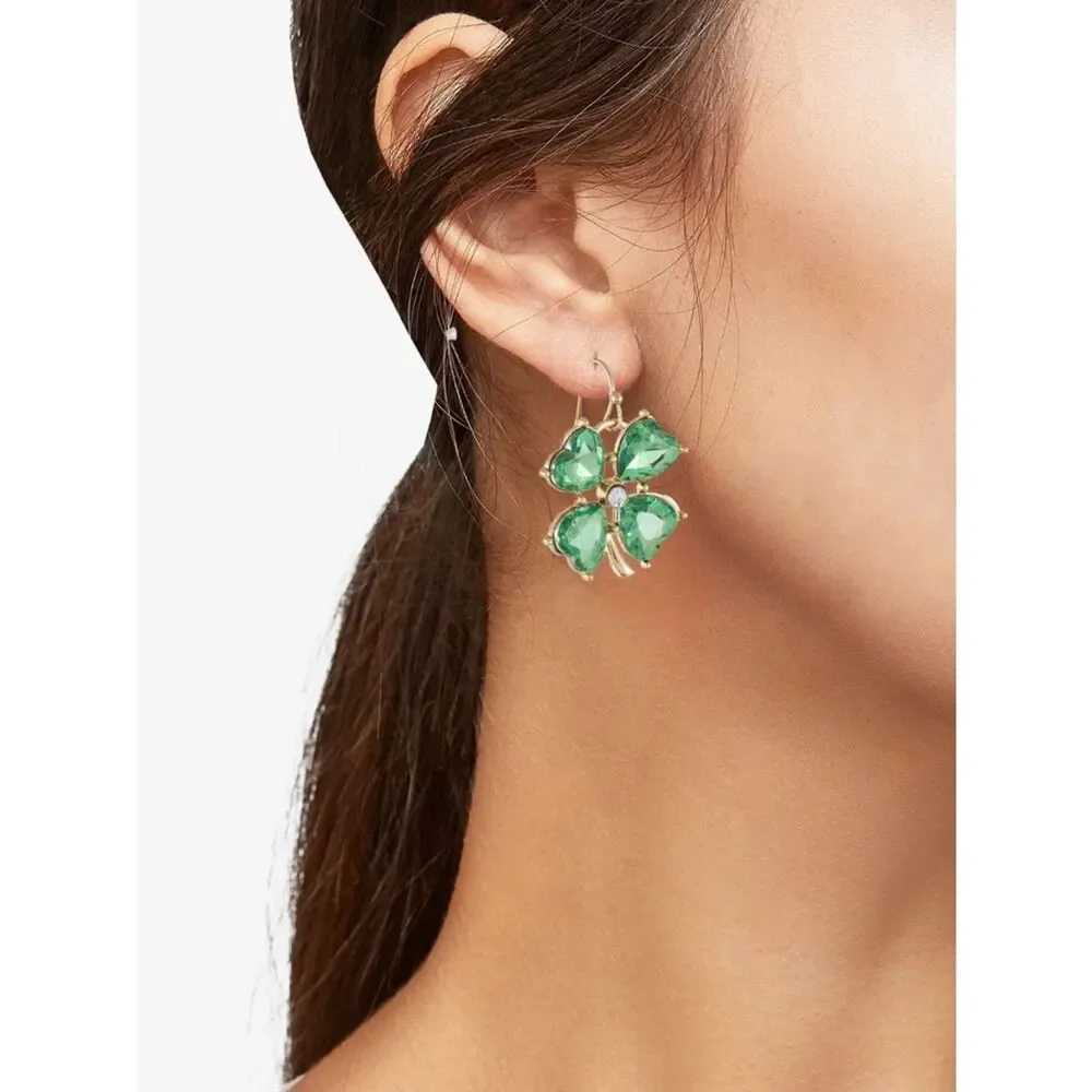 New St Patrick’s Day Green Crystal Clover Drop Earrings - Gold Tone
